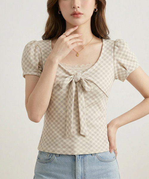 VIVID LADY(ビビッドレディー)の「チェックリボン レースネック 半袖トップス(Tシャツ/カットソー・レディース・アイボリー/ベージュ/グレー・FREE)」の12枚目の写真