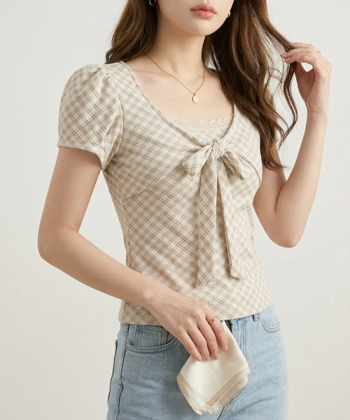 VIVID LADY(ビビッドレディー)の「チェックリボン レースネック 半袖トップス(Tシャツ/カットソー・レディース・アイボリー/ベージュ/グレー・FREE)」の14枚目の写真