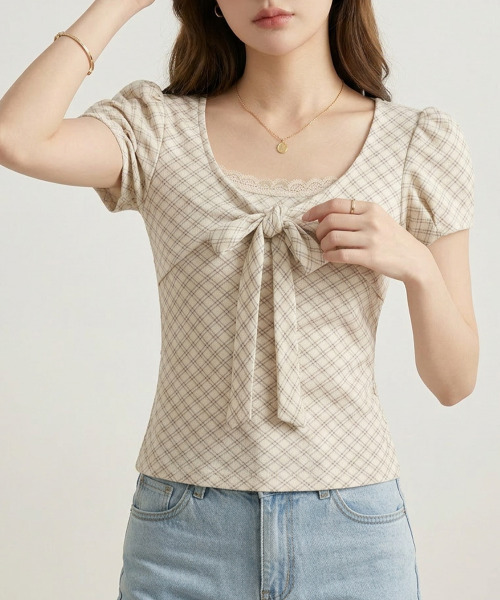 VIVID LADY(ビビッドレディー)の「チェックリボン レースネック 半袖トップス(Tシャツ/カットソー・レディース・アイボリー/ベージュ/グレー・FREE)」の15枚目の写真