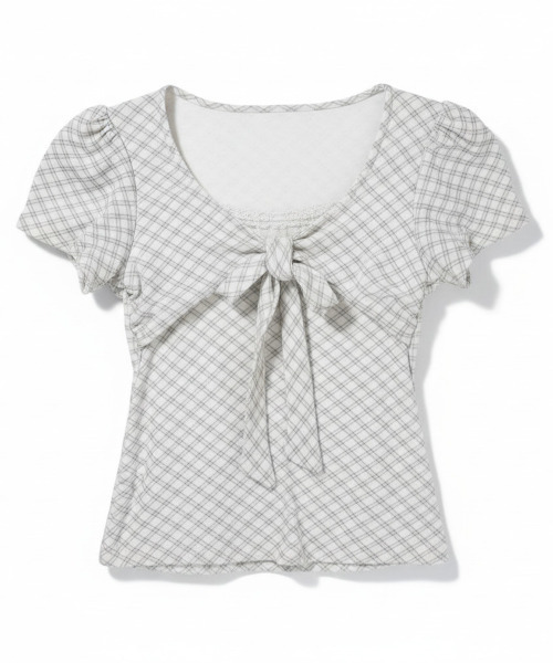 VIVID LADY(ビビッドレディー)の「チェックリボン レースネック 半袖トップス(Tシャツ/カットソー・レディース・アイボリー/ベージュ/グレー・FREE)」の16枚目の写真