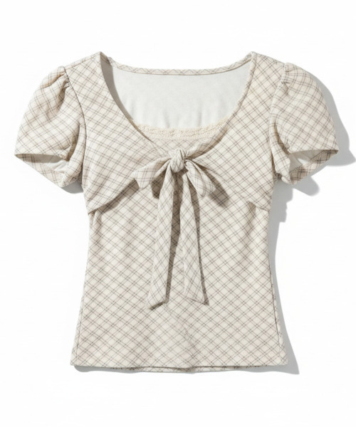 VIVID LADY(ビビッドレディー)の「チェックリボン レースネック 半袖トップス(Tシャツ/カットソー・レディース・アイボリー/ベージュ/グレー・FREE)」の17枚目の写真