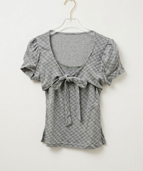 VIVID LADY(ビビッドレディー)の「チェックリボン レースネック 半袖トップス(Tシャツ/カットソー・レディース・アイボリー/ベージュ/グレー・FREE)」の19枚目の写真