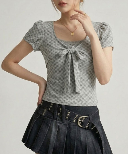 VIVID LADY(ビビッドレディー)の「チェックリボン レースネック 半袖トップス(Tシャツ/カットソー・レディース・アイボリー/ベージュ/グレー・FREE)」の18枚目の写真