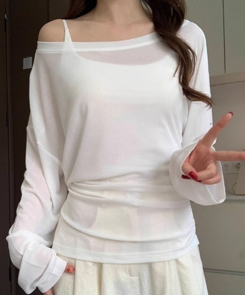 Ritzy(リッツィー)の「ウエストリボンオフショルダーニットトップス(Tシャツ/カットソー・レディース・ミント/ブルー/ピンク/ホワイト・L/M)」の2枚目の写真