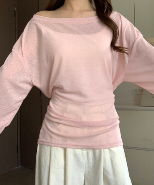 Ritzy(リッツィー)の「ウエストリボンオフショルダーニットトップス(Tシャツ/カットソー・レディース・ミント/ブルー/ピンク/ホワイト・L/M)」の1枚目の写真