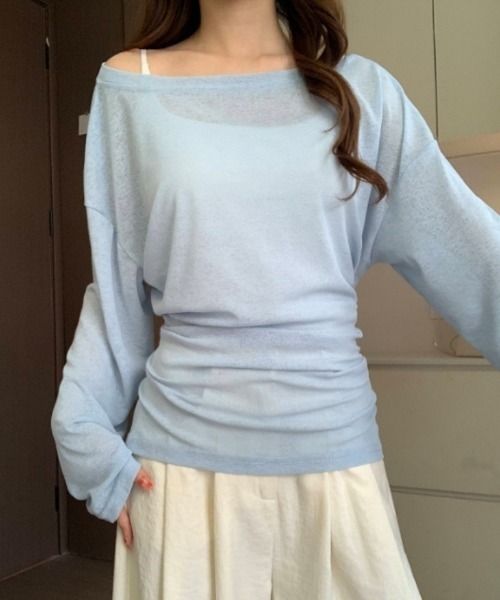 Ritzy(リッツィー)の「ウエストリボンオフショルダーニットトップス(Tシャツ/カットソー・レディース・ミント/ブルー/ピンク/ホワイト・L/M)」の4枚目の写真