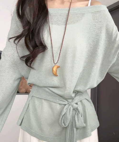 Ritzy(リッツィー)の「ウエストリボンオフショルダーニットトップス(Tシャツ/カットソー・レディース・ミント/ブルー/ピンク/ホワイト・L/M)」の3枚目の写真