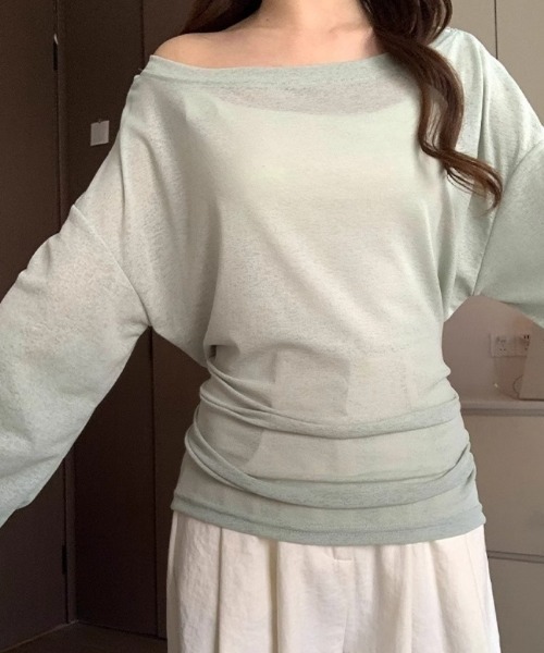 Ritzy(リッツィー)の「ウエストリボンオフショルダーニットトップス(Tシャツ/カットソー・レディース・ミント/ブルー/ピンク/ホワイト・L/M)」の5枚目の写真