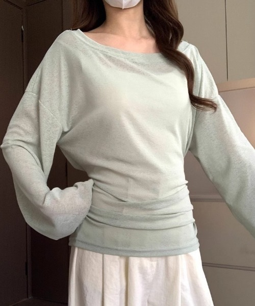 Ritzy(リッツィー)の「ウエストリボンオフショルダーニットトップス(Tシャツ/カットソー・レディース・ミント/ブルー/ピンク/ホワイト・L/M)」の6枚目の写真