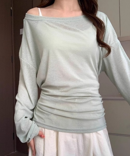 Ritzy(リッツィー)の「ウエストリボンオフショルダーニットトップス(Tシャツ/カットソー・レディース・ミント/ブルー/ピンク/ホワイト・L/M)」の7枚目の写真