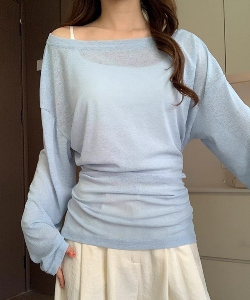 Ritzy(リッツィー)の「ウエストリボンオフショルダーニットトップス(Tシャツ/カットソー・レディース・ミント/ブルー/ピンク/ホワイト・L/M)」の11枚目の写真