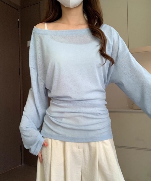 Ritzy(リッツィー)の「ウエストリボンオフショルダーニットトップス(Tシャツ/カットソー・レディース・ミント/ブルー/ピンク/ホワイト・L/M)」の18枚目の写真
