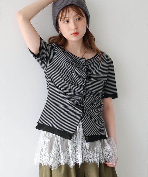 tiptop（ティップトップ）の「配色前ギャザーT（Tシャツ/カットソー・レディース・ホワイト系その他/ブラック/グレー系その他/ブラウン・FREE）」の3枚目の写真