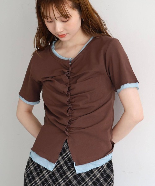 tiptop（ティップトップ）の「配色前ギャザーT（Tシャツ/カットソー・レディース・ホワイト系その他/ブラック/グレー系その他/ブラウン・FREE）」の4枚目の写真