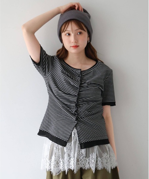 tiptop（ティップトップ）の「配色前ギャザーT（Tシャツ/カットソー・レディース・ホワイト系その他/ブラック/グレー系その他/ブラウン・FREE）」の5枚目の写真