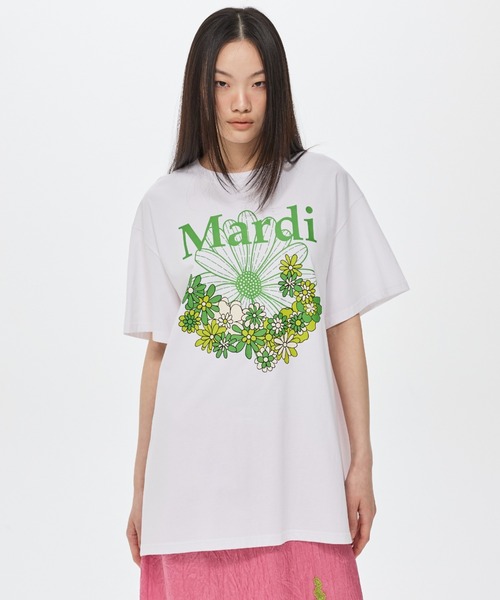 Mardi Mercredi（マルディメクルディ）の「UNISEX TSHIRT FLOWERMARDI JARDIN VVD / ユニセックス Tシャツ フラワーマルディ ジャルダン VVD（Tシャツ/カットソー・レディース・ホワイト×ブルー/ホワイト×グリーン・FREE）」の2枚目の写真