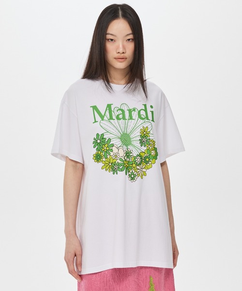 Mardi Mercredi（マルディメクルディ）の「UNISEX TSHIRT FLOWERMARDI JARDIN VVD / ユニセックス Tシャツ フラワーマルディ ジャルダン VVD（Tシャツ/カットソー・レディース・ホワイト×ブルー/ホワイト×グリーン・FREE）」の3枚目の写真