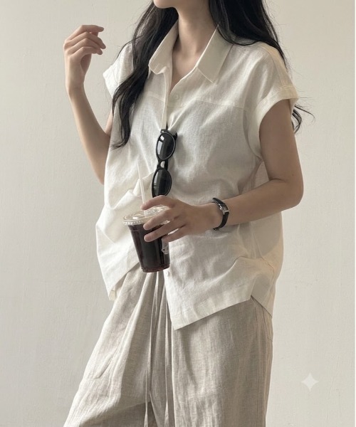 BLANC FICELLE(ブランフィセル)の「薄手 ヨーク切替フレンチスリーブシャツ(シャツ/ブラウス・レディース・ブルー/White・M/S/L)」の7枚目の写真
