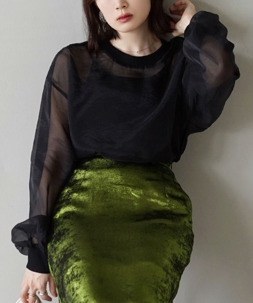 zootie（ズーティー）の「シアー×リブ ロングスリーブプルオーバー（Tシャツ/カットソー・レディース・キャメル/ミント/グレイッシュベージュ/ブラック・フリー）」の2枚目の写真