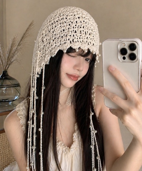 UP START（アップスタート）の「【Bls】【ZA】【Bling Leads】ﾊﾟｰﾙ ｸﾛｼｪﾎﾞﾝﾈｯﾄ(BL)（ニットキャップ/ビーニー・レディース・ベージュ/ブラック・FREE）」の8枚目の写真