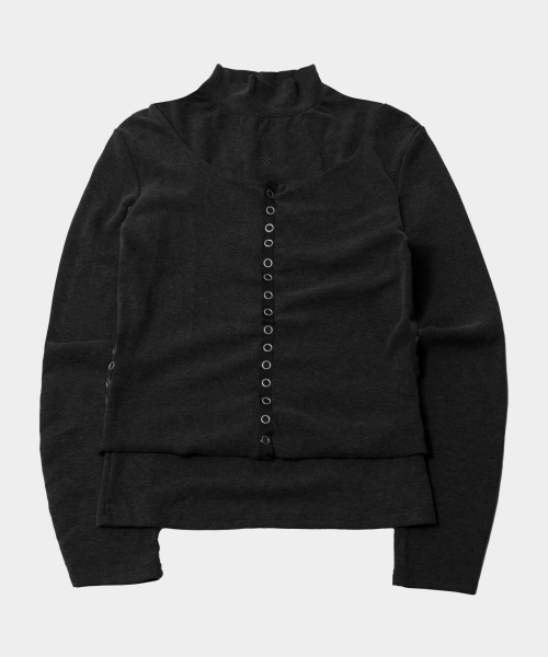 PLACE STUDIO(プレイススタジオ)の「エッセンシャルハイネックロングスリーブリスリムベーシックカーディガンセット_2COLOR(その他トップス・レディース・ブラック/チャコール・FREE)」の3枚目の写真