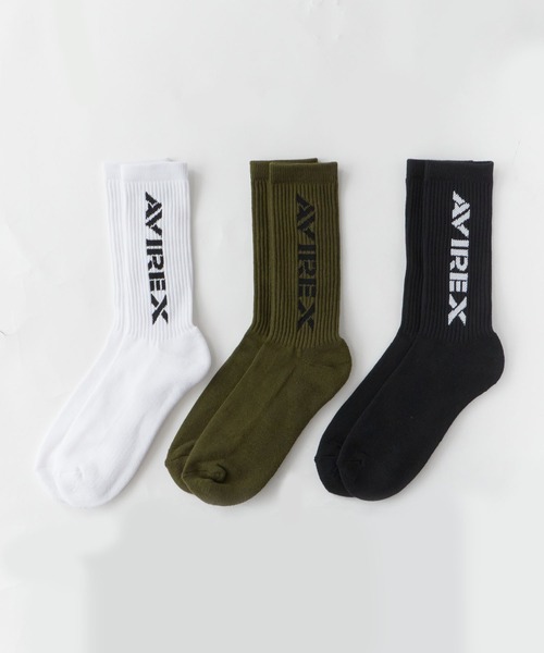 AVIREX(アヴィレックス)の「AVIREX/アビレックス AX Standard Logo Jacquard 3P Socks スタンダード ロゴ ジャガード 3足組 ソックス 靴下 クルー丈 3足セット ブランドロゴ サイドプリント 定番 ベーシック ストリート メンズ 2026年 夏 夏服(ソックス/靴下・メンズ・マルチ・25-27)」の3枚目の写真