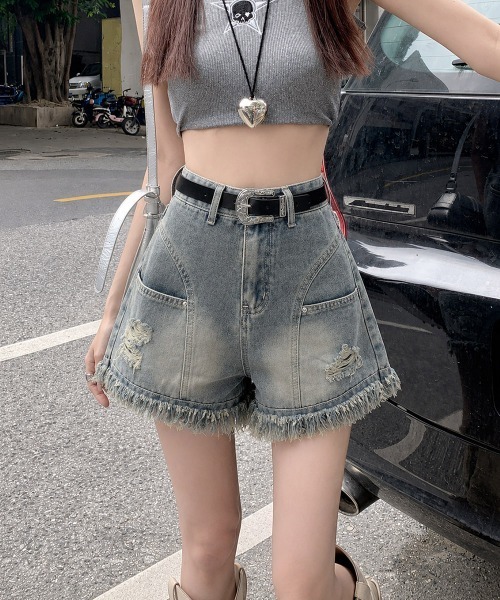 Miniministore(ミニミニストア)の「裾フリンジダメージデニムショートパンツ夏(デニムパンツ・レディース・サックスブルー・M/XL/S/L)」の12枚目の写真