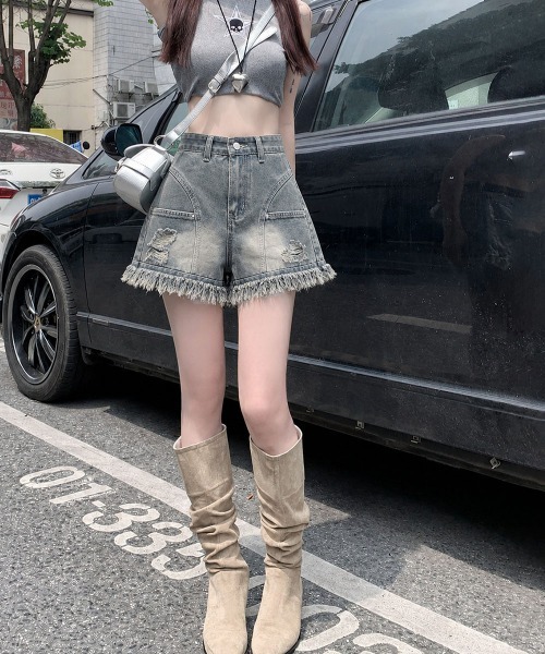 Miniministore(ミニミニストア)の「裾フリンジダメージデニムショートパンツ夏(デニムパンツ・レディース・サックスブルー・M/XL/S/L)」の14枚目の写真