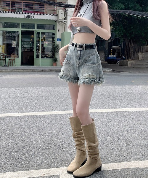 Miniministore(ミニミニストア)の「裾フリンジダメージデニムショートパンツ夏(デニムパンツ・レディース・サックスブルー・M/XL/S/L)」の15枚目の写真