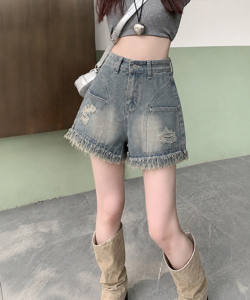 Miniministore(ミニミニストア)の「裾フリンジダメージデニムショートパンツ夏(デニムパンツ・レディース・サックスブルー・M/XL/S/L)」の17枚目の写真