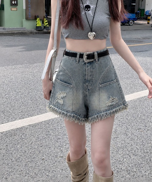 Miniministore(ミニミニストア)の「裾フリンジダメージデニムショートパンツ夏(デニムパンツ・レディース・サックスブルー・M/XL/S/L)」の19枚目の写真