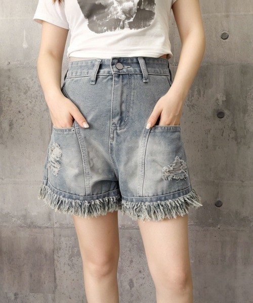 Miniministore(ミニミニストア)の「裾フリンジダメージデニムショートパンツ夏(デニムパンツ・レディース・サックスブルー・M/XL/S/L)」の3枚目の写真