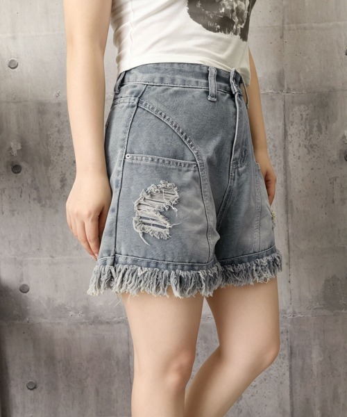 Miniministore(ミニミニストア)の「裾フリンジダメージデニムショートパンツ夏(デニムパンツ・レディース・サックスブルー・M/XL/S/L)」の4枚目の写真