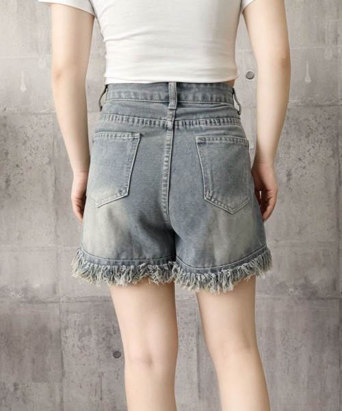 Miniministore(ミニミニストア)の「裾フリンジダメージデニムショートパンツ夏(デニムパンツ・レディース・サックスブルー・M/XL/S/L)」の5枚目の写真