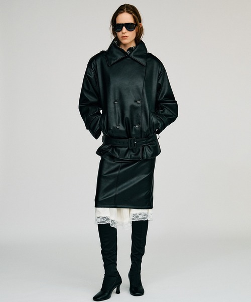 PRANK PROJECT(プランクプロジェクト)の「【2026Autumn Pre-Order】ボックスミドルレザートレンチコート / Boxy Middle Leather Trench Coat(トレンチコート・レディース・ブラック/ボルドー・FREE)」の4枚目の写真