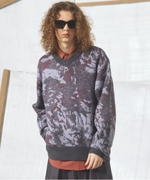 《UNISEX》Abstract Pattern Prime-Over V-neck Knit Tops/アブストラクトパターンプライムオーバーVネックニット【MAISON SPECIAL/メゾンスペシャル】