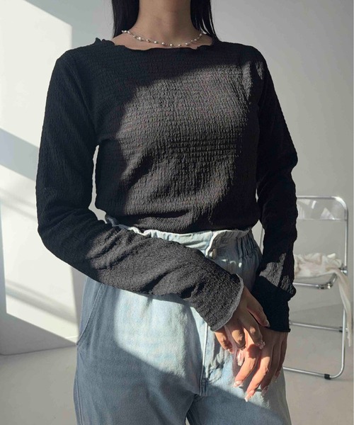 AS KNOW AS plus（アズノゥアズプラス）の「☆アソートクルーネックロンT(シャーリング・ウェーブ)（Tシャツ/カットソー・レディース・アイボリー系1/アイボリー系/ブラック系1/ブラック系・FREE）」の12枚目の写真