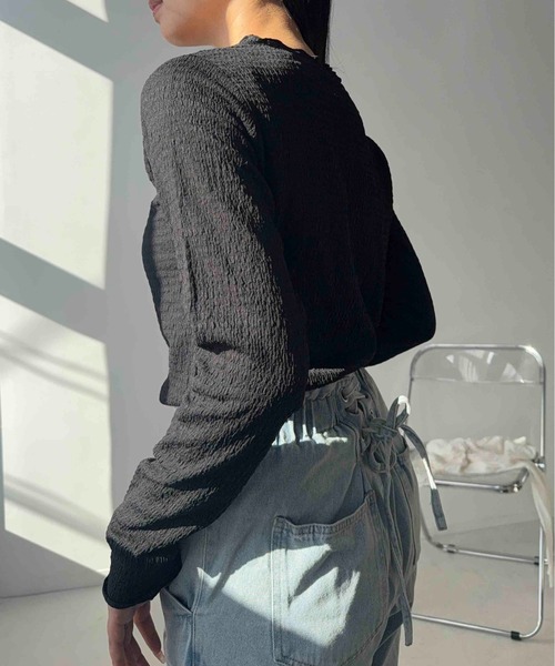 AS KNOW AS plus（アズノゥアズプラス）の「☆アソートクルーネックロンT(シャーリング・ウェーブ)（Tシャツ/カットソー・レディース・アイボリー系1/アイボリー系/ブラック系1/ブラック系・FREE）」の15枚目の写真