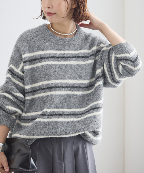 journal standard L'essage(ジャーナルスタンダードレサージュ)の「《一部WEB限定カラー/》2WAYウールシャギーMIXボーダープルオーバー(ニット/セーター・レディース・アイボリー/グレー/ブラック・FREE)」の3枚目の写真