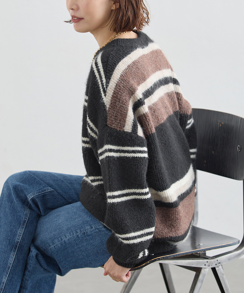 journal standard L'essage(ジャーナルスタンダードレサージュ)の「《一部WEB限定カラー/》2WAYウールシャギーMIXボーダープルオーバー(ニット/セーター・レディース・アイボリー/グレー/ブラック・FREE)」の9枚目の写真