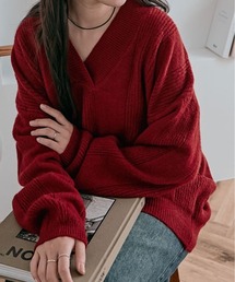 オーバーサイズ Vネック リブ ニット