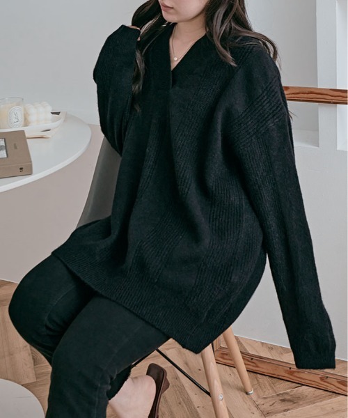 kirakiraShop(キラキラショップ)の「オーバーサイズ Vネック リブ ニット(ニット/セーター・レディース・パープル/レッド/オリーブ/チャコール/オフホワイト/ブラック・FREE)」の12枚目の写真