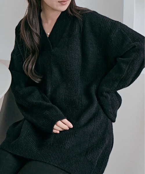 kirakiraShop(キラキラショップ)の「オーバーサイズ Vネック リブ ニット(ニット/セーター・レディース・パープル/レッド/オリーブ/チャコール/オフホワイト/ブラック・FREE)」の16枚目の写真