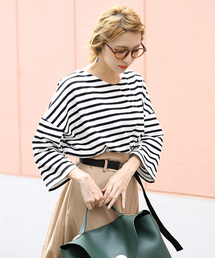 select MOCA | 上質なカリフォルニアコットン素材◆2wayボーダービックシルエットドルマンスリーブ七分袖カットソー(Tシャツ/カットソー)