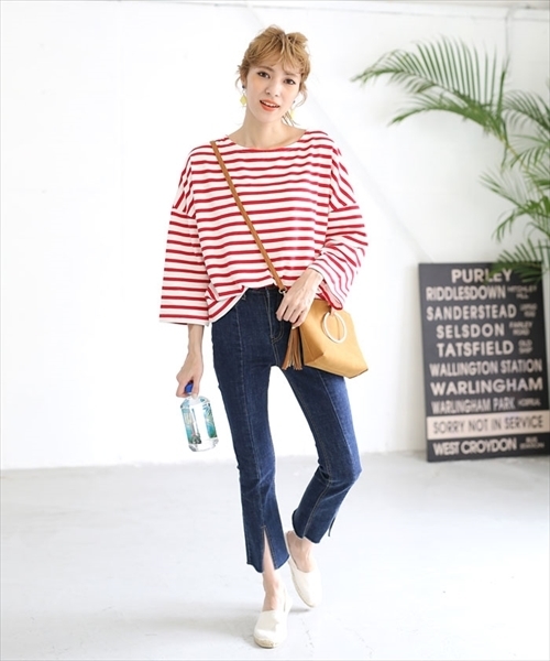 select MOCA（セレクトモカ）の「上質なカリフォルニアコットン素材◆2wayボーダービックシルエットドルマンスリーブ七分袖カットソー（Tシャツ/カットソー・レディース・ブラック/レッド/ブルー・FREE）」の22枚目の写真