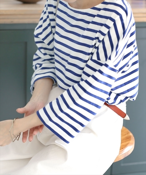 select MOCA（セレクトモカ）の「上質なカリフォルニアコットン素材◆2wayボーダービックシルエットドルマンスリーブ七分袖カットソー（Tシャツ/カットソー・レディース・ブラック/レッド/ブルー・FREE）」の17枚目の写真