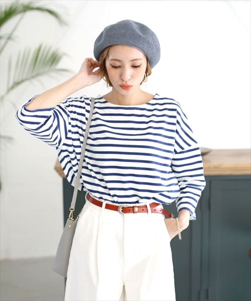 select MOCA（セレクトモカ）の「上質なカリフォルニアコットン素材◆2wayボーダービックシルエットドルマンスリーブ七分袖カットソー（Tシャツ/カットソー・レディース・ブラック/レッド/ブルー・FREE）」の19枚目の写真