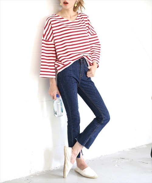 select MOCA（セレクトモカ）の「上質なカリフォルニアコットン素材◆2wayボーダービックシルエットドルマンスリーブ七分袖カットソー（Tシャツ/カットソー・レディース・ブラック/レッド/ブルー・FREE）」の20枚目の写真