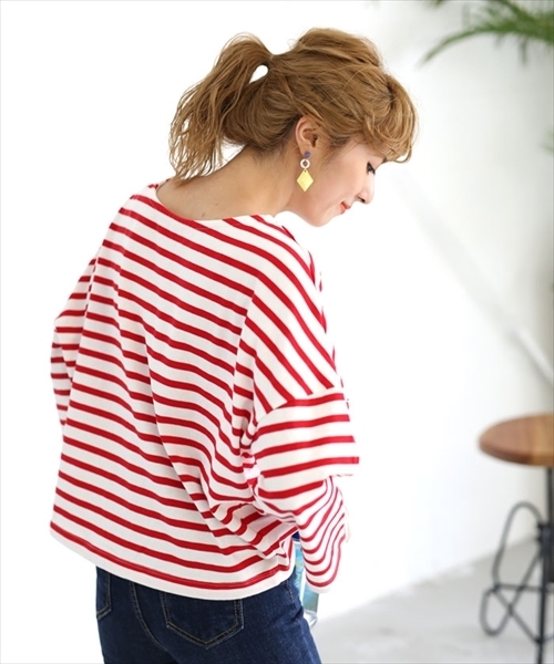 select MOCA（セレクトモカ）の「上質なカリフォルニアコットン素材◆2wayボーダービックシルエットドルマンスリーブ七分袖カットソー（Tシャツ/カットソー・レディース・ブラック/レッド/ブルー・FREE）」の21枚目の写真