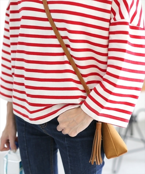 select MOCA（セレクトモカ）の「上質なカリフォルニアコットン素材◆2wayボーダービックシルエットドルマンスリーブ七分袖カットソー（Tシャツ/カットソー・レディース・ブラック/レッド/ブルー・FREE）」の12枚目の写真